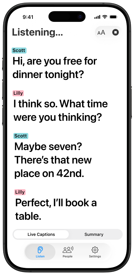 Hearing Buddy showing conversation captions