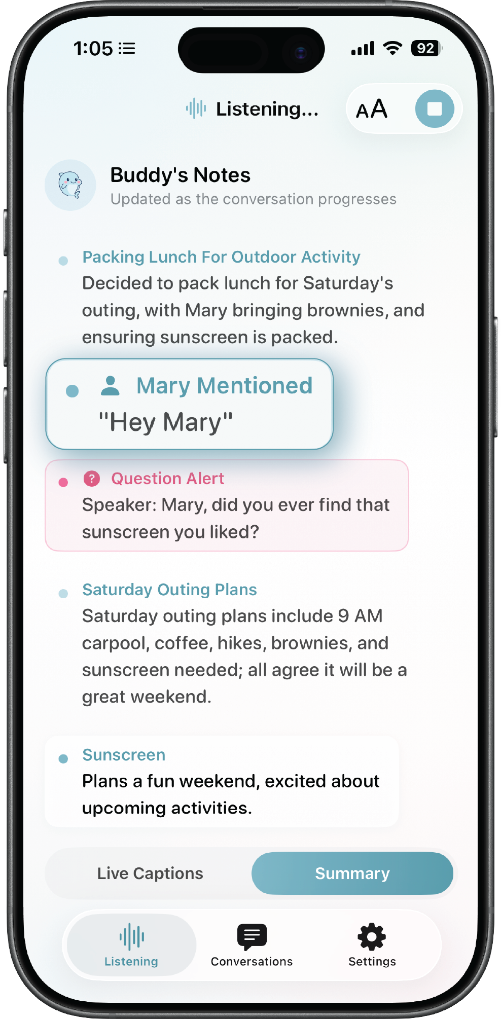 Hearing Buddy showing conversation captions